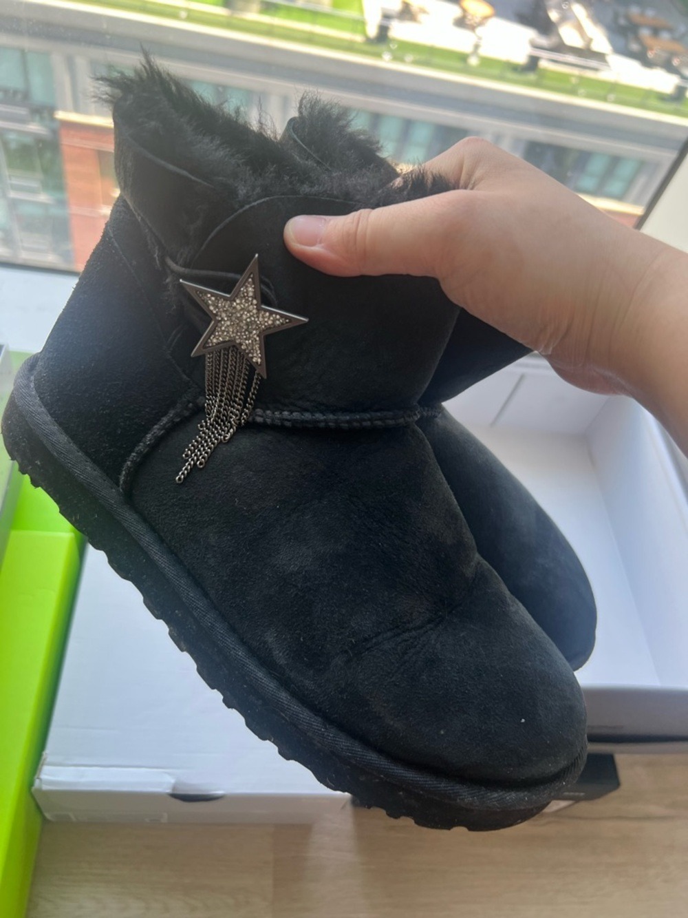 UGG Y2K Black Suede w Silver Star Charm Booties Snow Boots – Size 8 - Picture 3 of 6